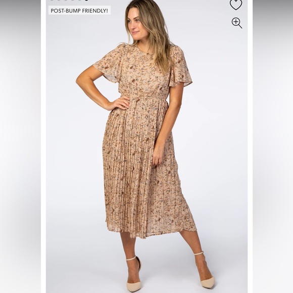 Beige Floral Pleated Short Sleeve Chiffon Maternity Midi Dress, large - Picture 3 of 3